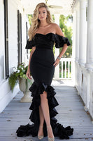 Load image into Gallery viewer, Black Mermaid Off the Shoulder Long Formal Dress with Ruffles