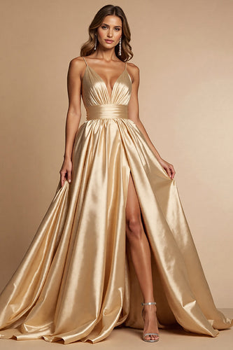 Golden A Line Spaghetti Straps Long Satin Formal Dress with Slit