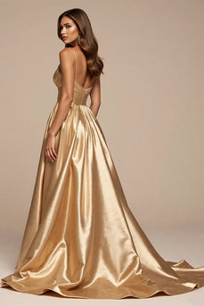 Golden A Line Spaghetti Straps Long Satin Formal Dress with Slit