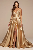 Load image into Gallery viewer, Golden A Line Spaghetti Straps Long Satin Formal Dress with Slit