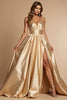 Load image into Gallery viewer, Golden A Line Spaghetti Straps Long Satin Formal Dress with Slit