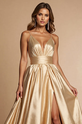 Golden A Line Spaghetti Straps Long Satin Formal Dress with Slit