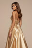 Load image into Gallery viewer, Golden A Line Spaghetti Straps Long Satin Formal Dress with Slit