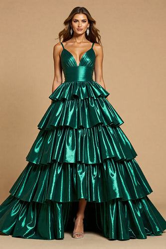 Dark Green A Line Tiered Long Satin Formal Dress
