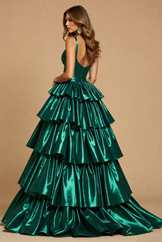 Dark Green A Line Tiered Long Satin Formal Dress