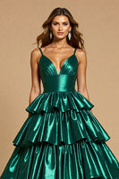 Load image into Gallery viewer, Dark Green A Line Tiered Long Satin Formal Dress