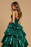 Load image into Gallery viewer, Dark Green A Line Tiered Long Satin Formal Dress