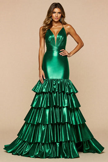 Dark Green Mermaid Tiered Long Formal Dress with Slit