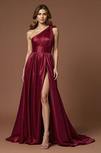 Burgundy A Line One Shoulder Long Satin Formal Dress with Slit