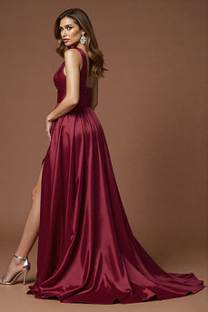 Burgundy A Line One Shoulder Long Satin Formal Dress with Slit