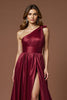Load image into Gallery viewer, Burgundy A Line One Shoulder Long Satin Formal Dress with Slit