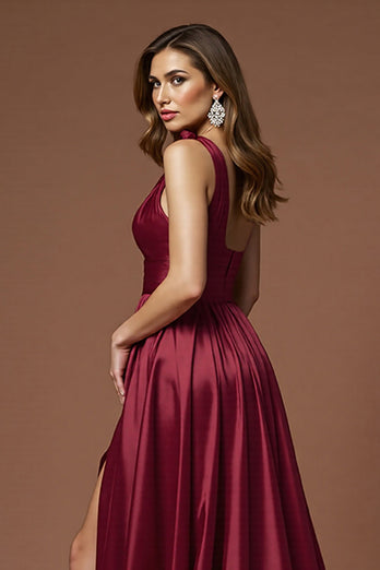 Burgundy A Line One Shoulder Long Satin Formal Dress with Slit