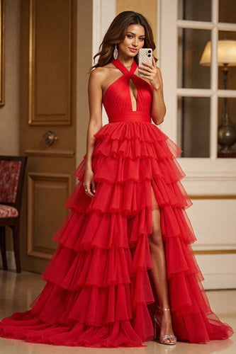 Red Halter A Line Tulle Ruffled Long Formal Dress with Slit