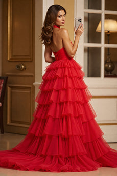 Red Halter A Line Tulle Ruffled Long Formal Dress with Slit