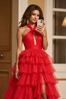 Load image into Gallery viewer, Red Halter A Line Tulle Ruffled Long Formal Dress with Slit