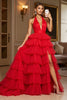 Load image into Gallery viewer, Red Tulle Tiered A Line Halter Long Formal Dress with Slit