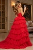 Load image into Gallery viewer, Red Tulle Tiered A Line Halter Long Formal Dress with Slit