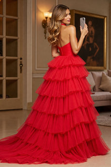 Red Tulle Tiered A Line Halter Long Formal Dress with Slit