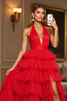 Load image into Gallery viewer, Red Tulle Tiered A Line Halter Long Formal Dress with Slit