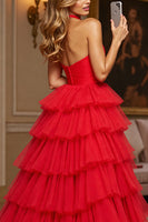 Load image into Gallery viewer, Red Tulle Tiered A Line Halter Long Formal Dress with Slit