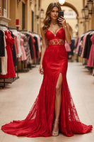 Load image into Gallery viewer, Red Mermaid Long Lace Formal Dress with Slit