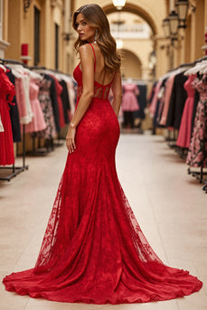 Red Mermaid Long Lace Formal Dress with Slit