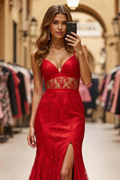 Load image into Gallery viewer, Red Mermaid Long Lace Formal Dress with Slit