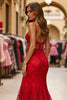 Load image into Gallery viewer, Red Mermaid Long Lace Formal Dress with Slit
