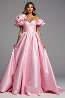 Load image into Gallery viewer, Pink Off the Shoulder Satin A Line Long Formal Dress