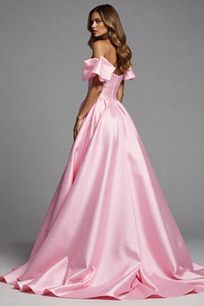 Pink Off the Shoulder Satin A Line Long Formal Dress
