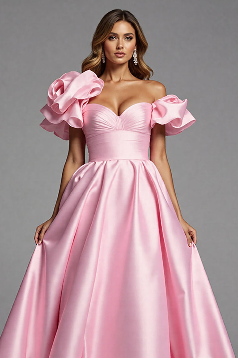 Load image into Gallery viewer, Pink Off the Shoulder Satin A Line Long Formal Dress