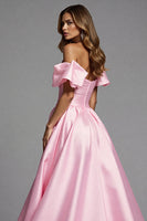 Load image into Gallery viewer, Pink Off the Shoulder Satin A Line Long Formal Dress