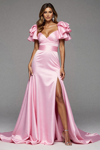 Pink Satin Mermaid Long Formal Dress with Slit