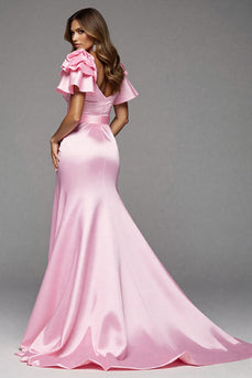 Pink Satin Mermaid Long Formal Dress with Slit