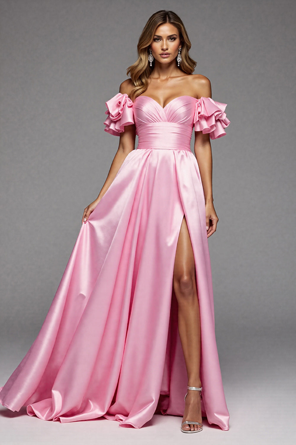 Pink A Line Satin Off the Shoulder Long Formal Dress with Slit