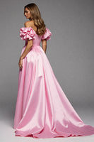 Load image into Gallery viewer, Pink A Line Satin Off the Shoulder Long Formal Dress with Slit