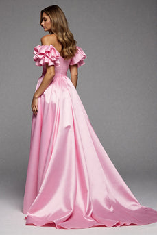 Pink A Line Satin Off the Shoulder Long Formal Dress with Slit
