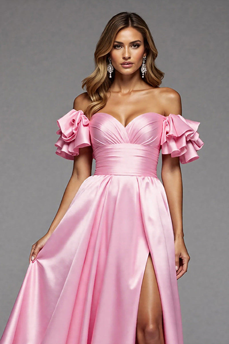 Load image into Gallery viewer, Pink A Line Satin Off the Shoulder Long Formal Dress with Slit