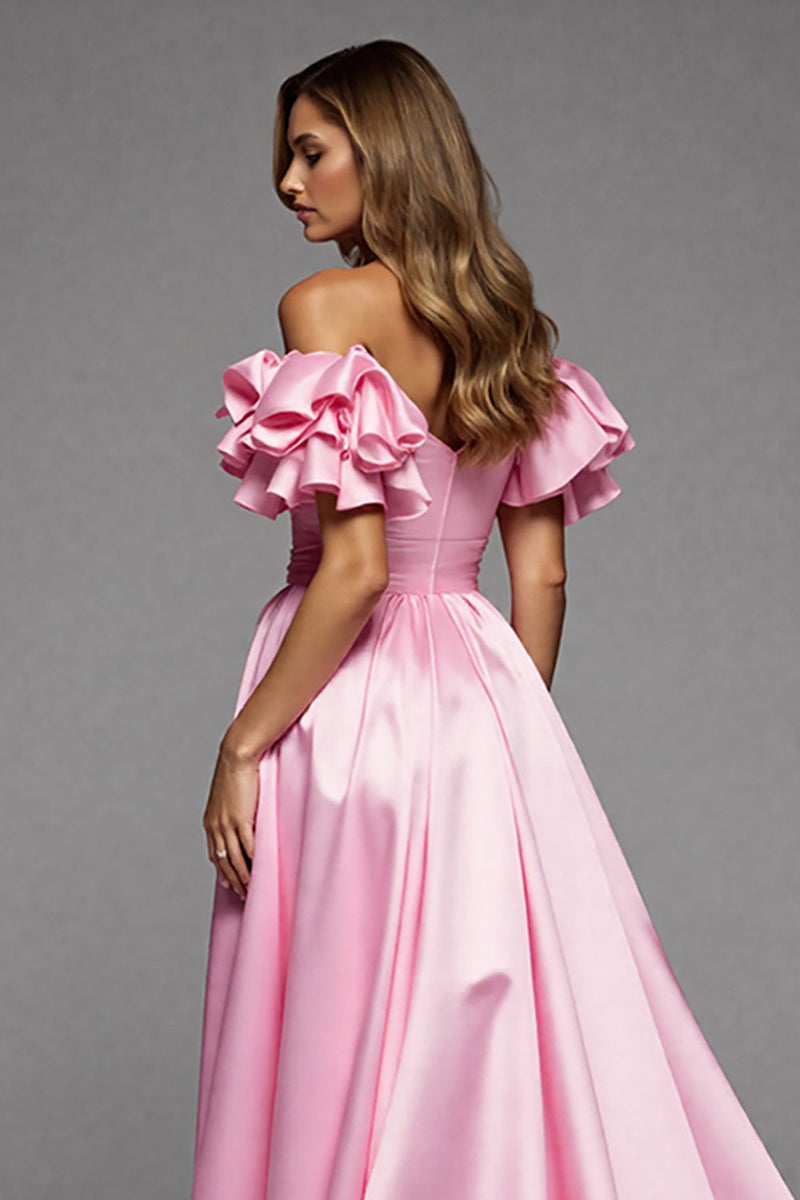 Load image into Gallery viewer, Pink A Line Satin Off the Shoulder Long Formal Dress with Slit