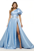 Load image into Gallery viewer, Blue Satin A Line One Shoulder Long Formal Dress with Slit