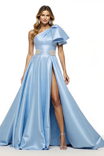 Blue Satin A Line One Shoulder Long Formal Dress with Slit