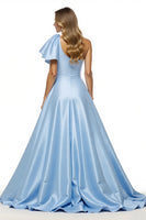 Load image into Gallery viewer, Blue Satin A Line One Shoulder Long Formal Dress with Slit