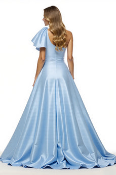 Blue Satin A Line One Shoulder Long Formal Dress with Slit
