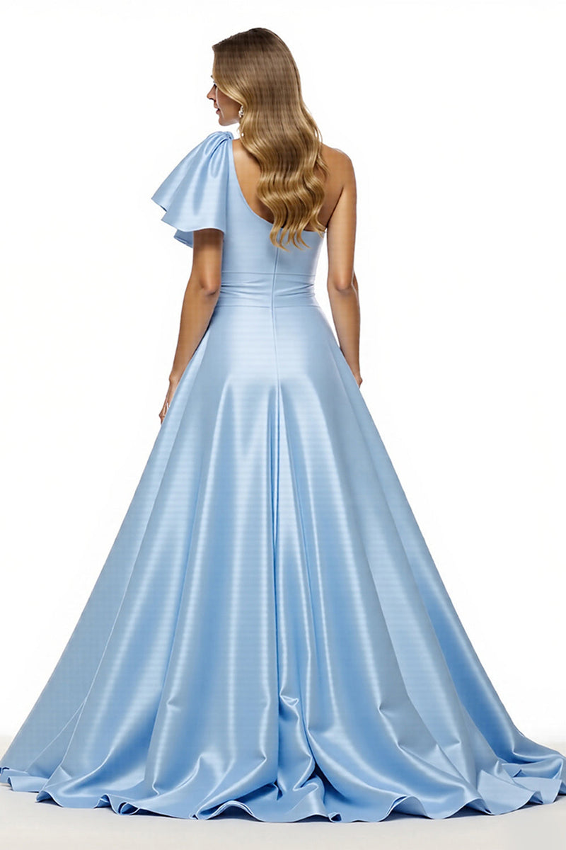Load image into Gallery viewer, Blue Satin A Line One Shoulder Long Formal Dress with Slit
