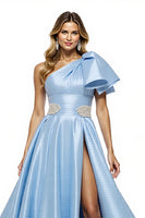 Load image into Gallery viewer, Blue Satin A Line One Shoulder Long Formal Dress with Slit