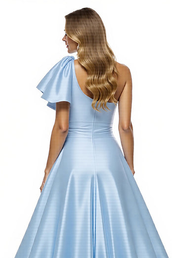 Blue Satin A Line One Shoulder Long Formal Dress with Slit