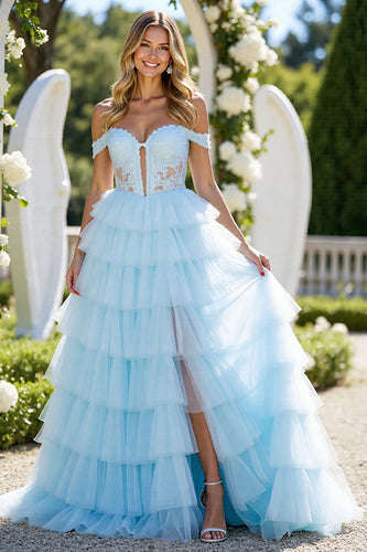 Blue Tulle A Line Off the Shoulder Long Formal Dress with Slit