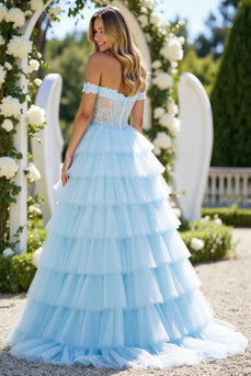 Blue Tulle A Line Off the Shoulder Long Formal Dress with Slit