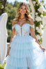 Load image into Gallery viewer, Blue Tulle A Line Off the Shoulder Long Formal Dress with Slit
