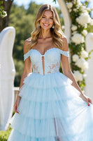 Load image into Gallery viewer, Blue Tulle A Line Off the Shoulder Long Formal Dress with Slit